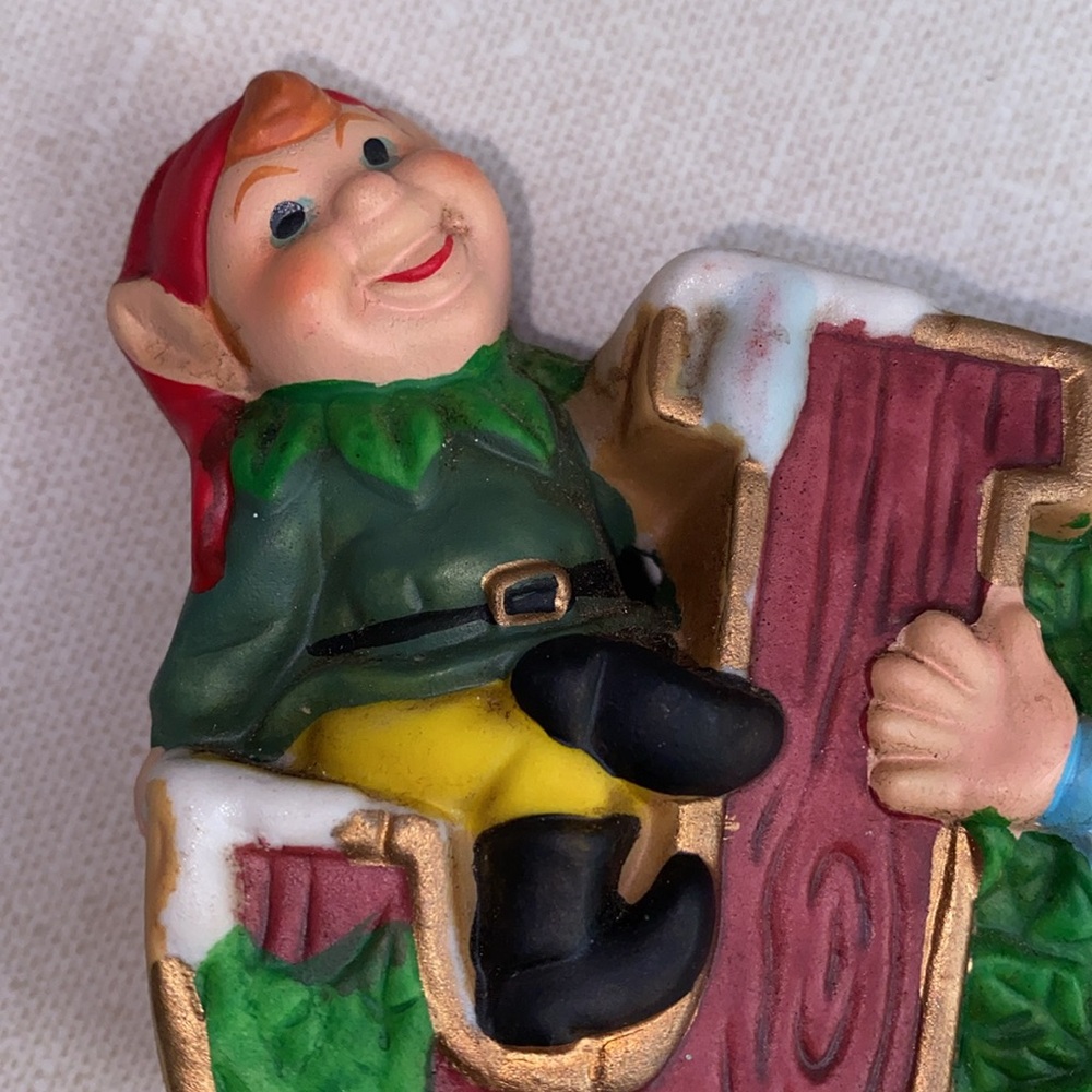 Robel Hall JOY Pixie Elf Trio Christmas Candle Holder Hand Painted 7" Vintage - Picture 7 of 11